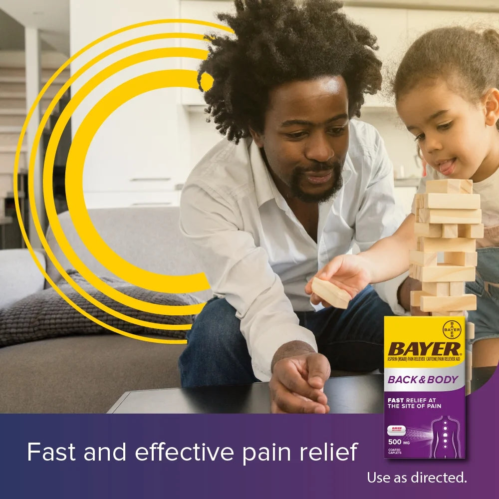 Bayer Back and Body Extra Strength Aspirin 500mg, Aspirin Plus 32.5 mg Caffeine Pain Reliever, Powerful Back and Body Pain Relief, Coated Caplets