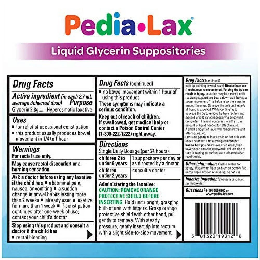 Pedia-Lax Laxative Liquid Glycerin Suppositories for Kids, Ages 2-5, 6 Count