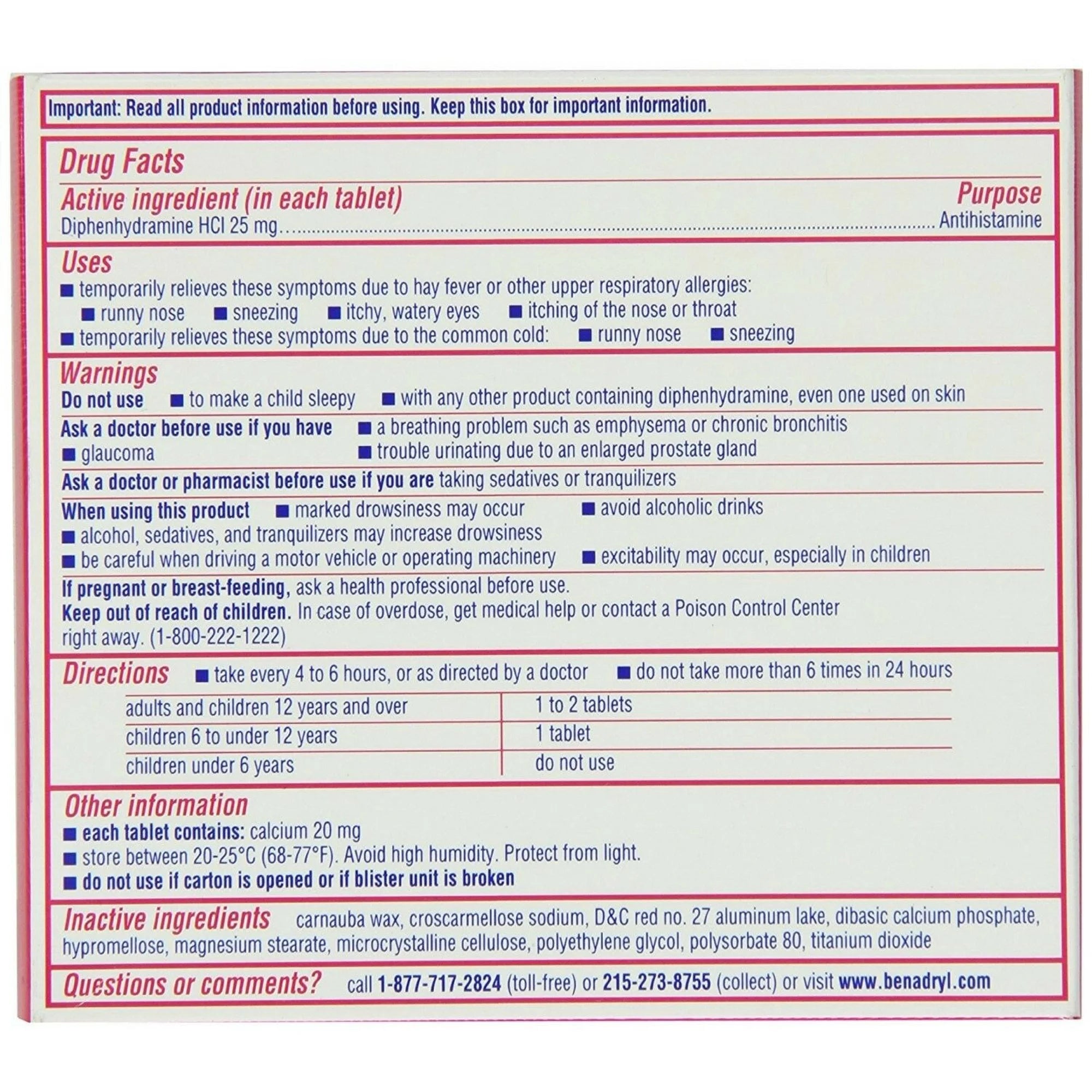 Benadryl Allergy Ultratabs Diphenhydramine HCl 25 mg Antihistamine Tablets