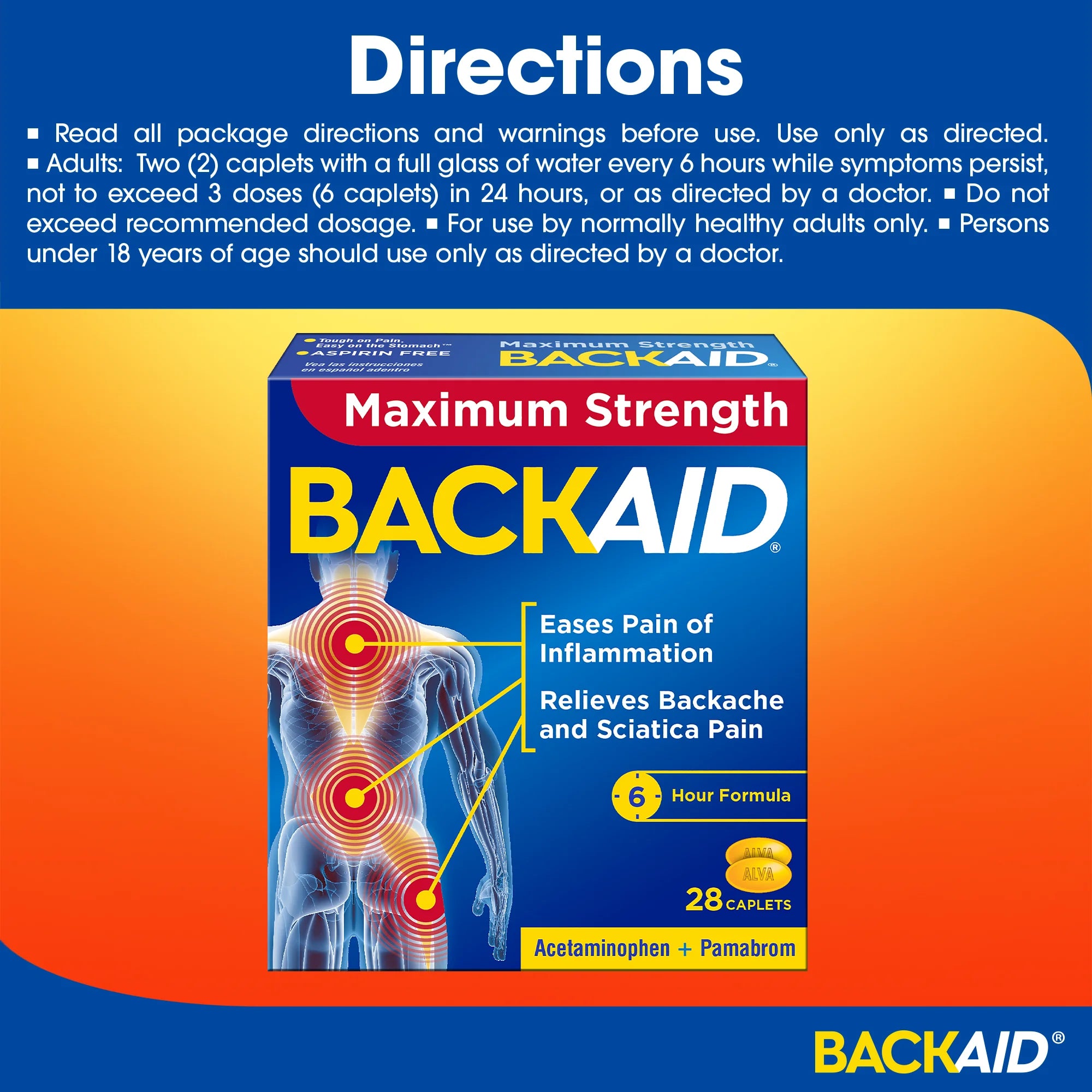 Backaid Maximum Strength Back Pain Reliever, 6-Hour Formula, Aspirin-Free Caplets, 28 Count
