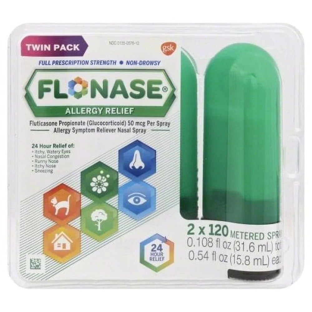 flonase 24hr allergy relief nasal spray, full prescription strength, 240 sprays (twinpack of 120 sprays)